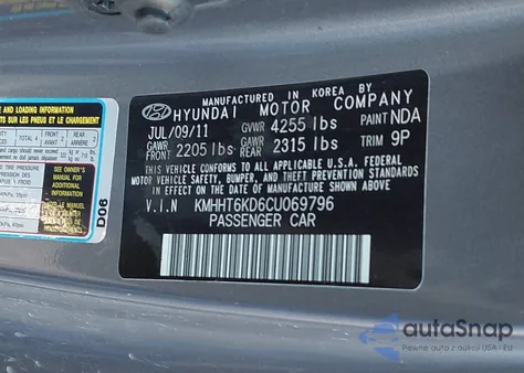 2012 Hyundai Genesis 2.0T z USA, uszkodzony, nr VIN KMHHT6KD6CU069796